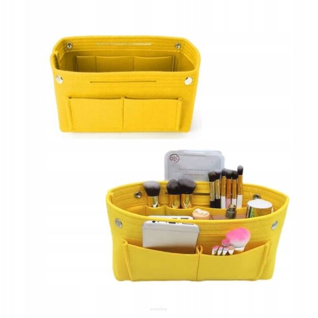 ŻÓŁTY WKŁAD ORGANIZER NA KOSMETYKI KLUCZE PODPASKI DO TOREBKI DAMSKA KOSMETYCZKA PODRÓŻNA Z FILCU