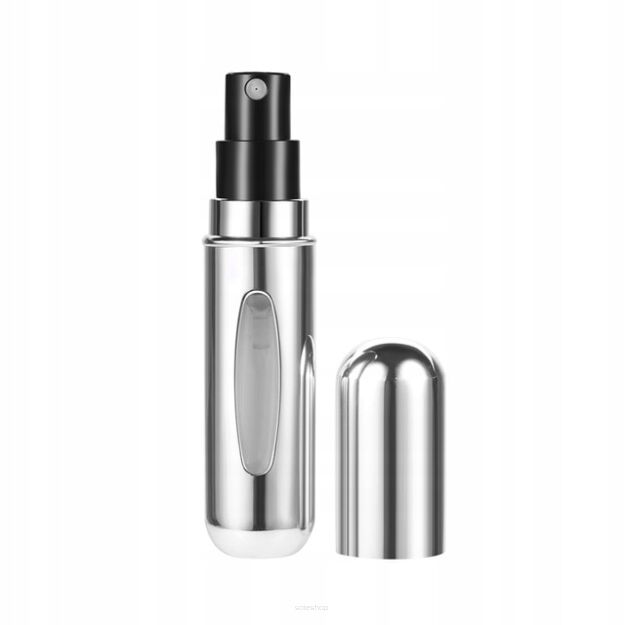 ATOMIZER PODRÓŻNY NA PERFUMY FLAKON BUTELKA FIOLKA DOZOWNIK BUTELECZKA Z ATOMIZEREM ETUI 5ML  SREBRNY