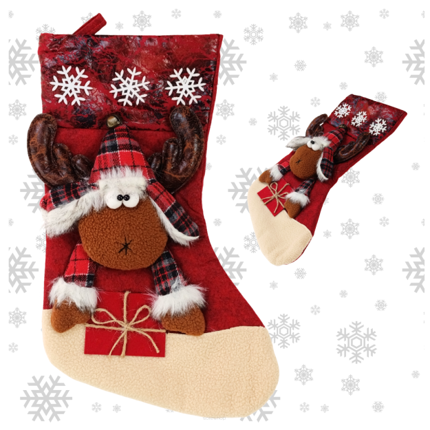 RENIFER  DUŻA SKARPETA NA PREZENTY KOMINEK DEKORACJA ŚWIĄTECZNA DEKORACYJNA BOŻONARODZENIOWA OZDOBNA DLA MIKOŁAJA 43cm