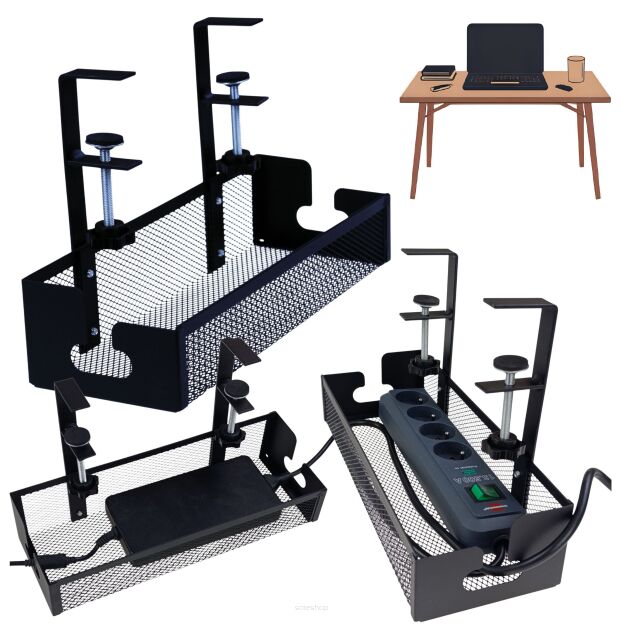 CZARNY ORGANIZER NA KABLE PRZEWODY PÓŁKA WIESZAK DO KABLI POD BLAT BIURKO MASKOWNICA UCHWYT METALOWY