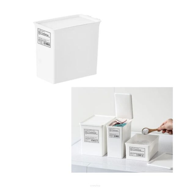 ORGANIZER ŁAZIENKOWY POJEMNIK L BIAŁY NA PROSZEK DO PRANIA KAPSUŁKI KLAMERKI Z POKRYWKĄ I ETYKIETAMI