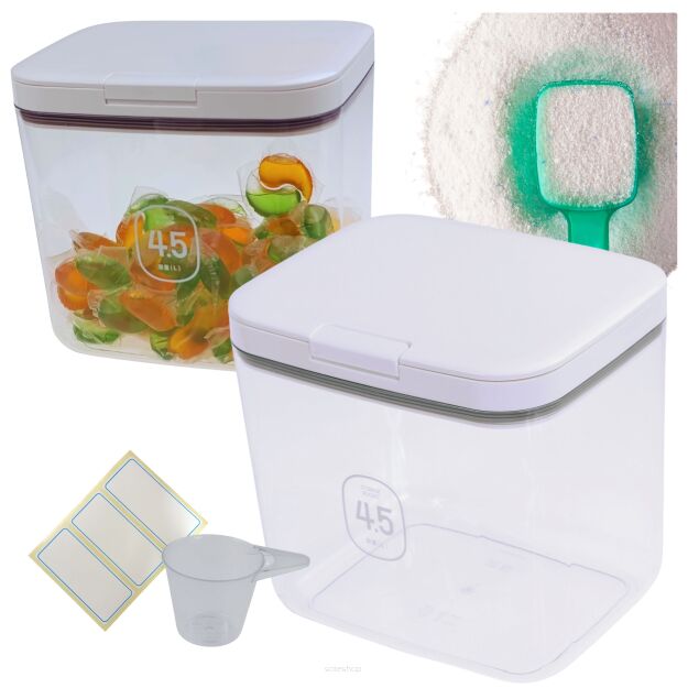 POJEMNIK ORGANIZER PUDEŁKO NA PROSZEK PŁYN DO PRANIA PŁUKANIA Z MIARKĄ ZAMYKANE NA DETERGENTY 4,5L