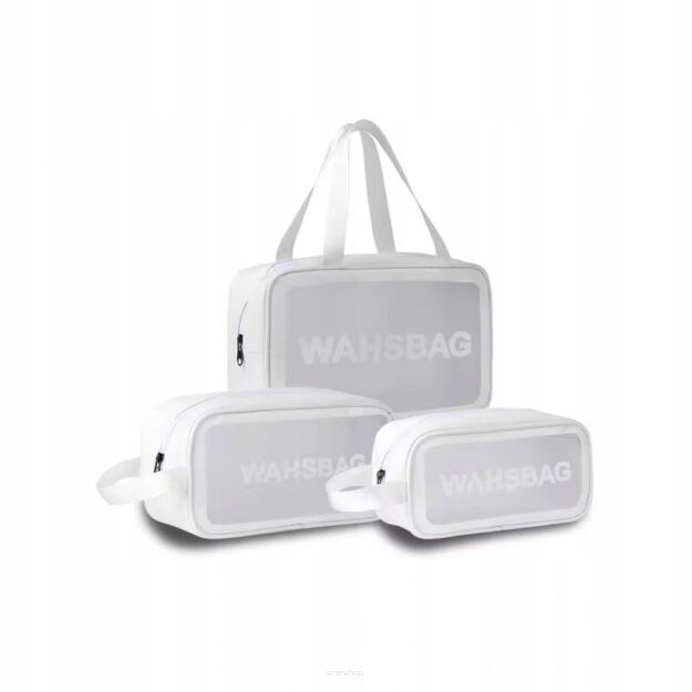 BIAŁA KOSMETYCZKA TURYSTYCZNA PODRÓŻNA PRZEŹROCZYSTA WODOODPORNA ZESTAW ORGANIZER NA KOSMETYKI 3 SZT