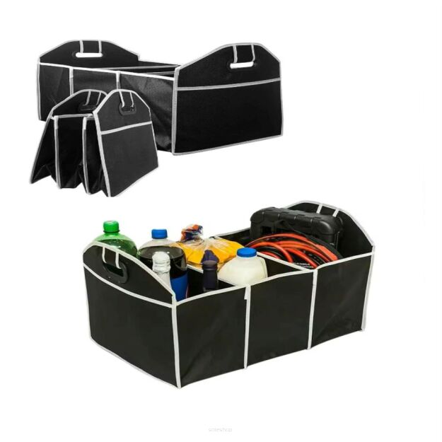 ORGANIZER SAMOCHODOWY DO BAGAŻNIKA SKŁADANY 3 KOMORY DUŻY CZARNY USZTYWNIONY