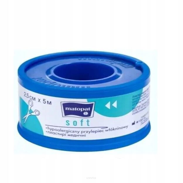 PLASTER WŁÓKNINOWY PRZYLEPIEC DO CIĘCIA NA ROLCE MATOPAT SOFT HYPOALERGICZNY Z MIKROPORAMI 2,5CMX5M