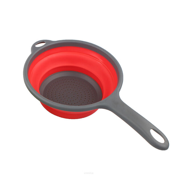 CEDZAK DURSZLAK SILIKONOWY SKŁADANY CZERWONO-SZARY 20CM Z RĄCZKĄ DO MAKARONU, OWOCÓW I WARZYW