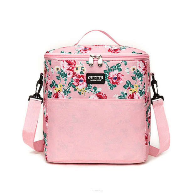 TORBA TERMICZNA RÓŻOWA W KWIATY 11L  IZOTERMICZNA NA ŻYWNOŚĆ I NAPOJE Z PASKIEM NA RAMIĘ