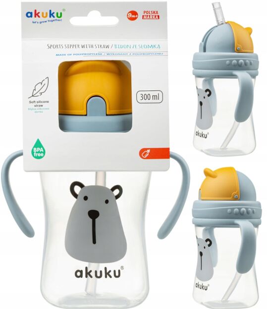 AKUKU BIDON BUTELKA Z MIĘKKĄ SŁOMKĄ RURKA KUBEK DLA DZIECI Z UCHWYTAMI RĄCZKAMI 300ML 9M+ MIŚ