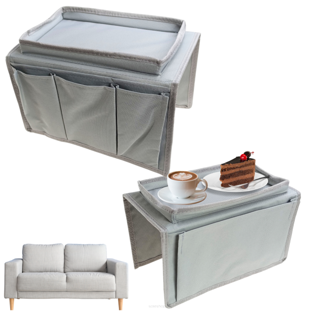 SZARA TACA TACKA NA KANAPĘ OPARCIE SOFĘ PODKŁADKA PODSTAWKA PRZYBORNIK ORGANIZER NA PILOTY AKCESORIA