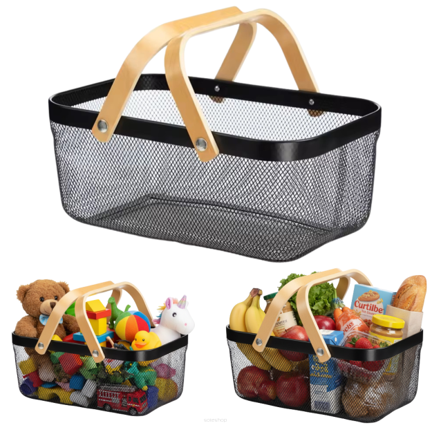 KOSZ KOSZYK NA OWOCE ZAKUPY WARZYWA GRZYBY ZABAWKI METALOWY CZARNY DUŻY AŻUROWY Z SIATKI ORGANIZER DO SPIŻARNI