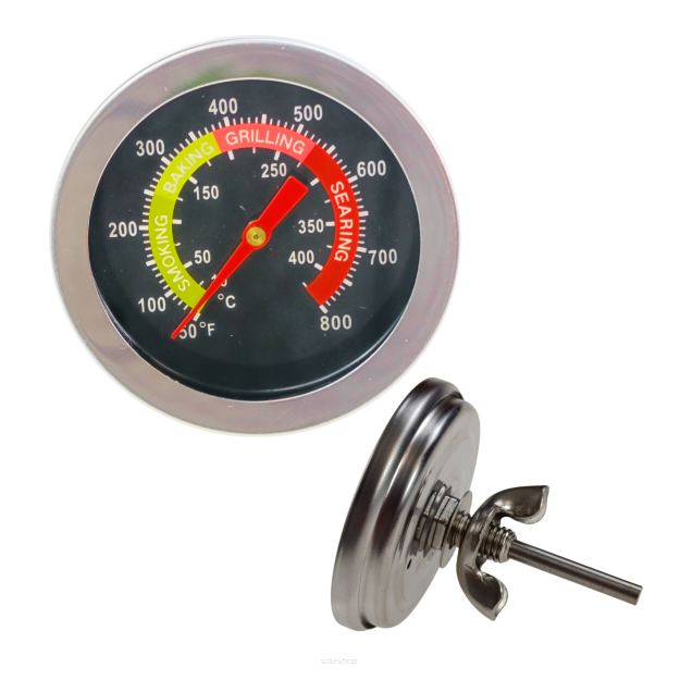 TERMOMETR ANALOGOWY BIMETAL DO WĘDZARNI GRILLA WĘDZENIA SONDA Z GWINTEM NA DRZWI POKRYWĘ