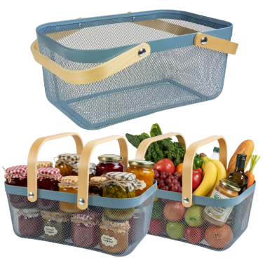 KOSZ KOSZYK NA PREZENTY OWOCE WARZYWA GRZYBY ZABAWKI METALOWY POJEMNY DUŻY AŻUROWY Z SIATKI NIEBIESKI ORGANIZER DO SPIŻARNI