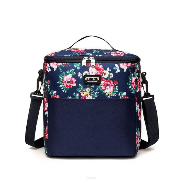 TORBA TERMICZNA NA ŻYWNOŚĆ I NAPOJE GRANATOWA W KWIATY POJEMNOŚĆ 11L TERMOIZOLACYJNA NA RAMIĘ