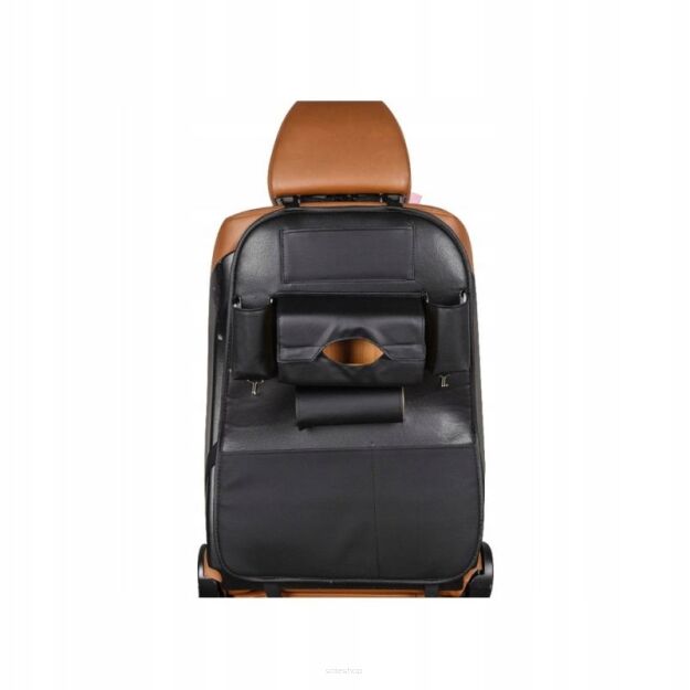 ORGANIZER NA FOTEL SIEDZENIE OPARCIE POKROWIEC SAMOCHODOWY OCHRANIACZ MATA OCHRONNA EKOSKÓRA CZARNA