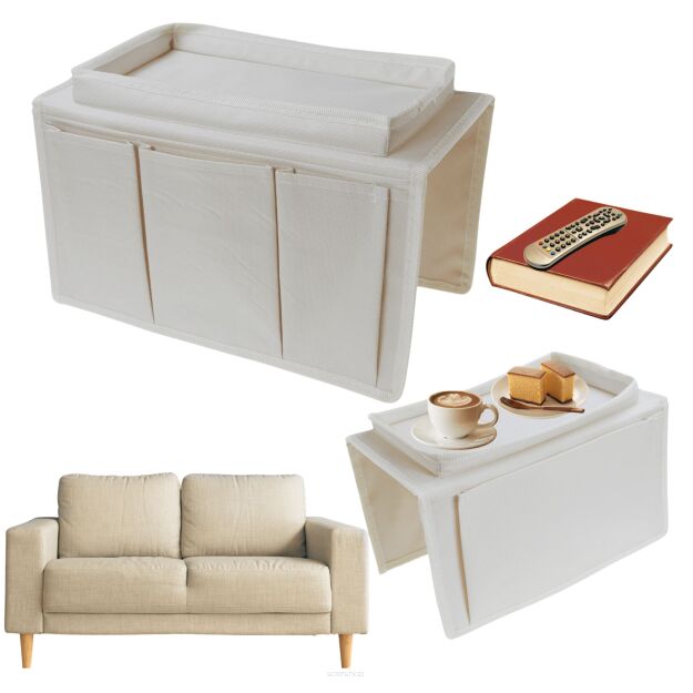 KREMOWA TACA NA KANAPĘ OPARCIE SOFĘ PODKŁADKA PODSTAWKA PRZYBORNIK ORGANIZER NA PILOTY AKCESORIA