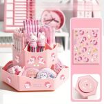 RÓŻOWY ORGANIZER POJEMNIK PRZYBORNIK OBROTOWY OBRACANY NA BIURKO BLAT DLA DZIECKA NA KREDKI DŁUGOPISY - 2