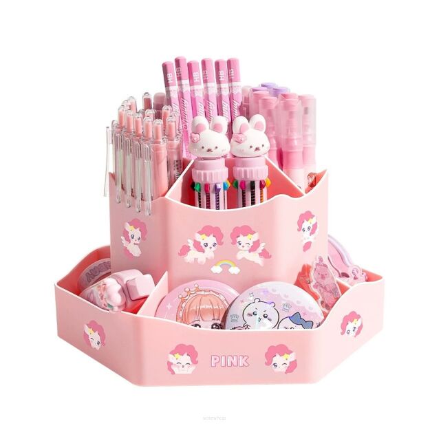 RÓŻOWY ORGANIZER POJEMNIK PRZYBORNIK OBROTOWY OBRACANY NA BIURKO BLAT DLA DZIECKA NA KREDKI DŁUGOPISY