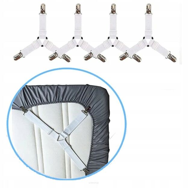 BIAŁY NAPINACZ KLIPS ZACISK DO PRZEŚCIERADŁA SZELKI GUMKI ZAPIĘCIE KRZYŻOWE DO PRZEŚCIERADEŁ UCHWYTY 4SZT