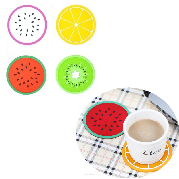 SILIKONOWE PODSTAWKI OWOCOWE POD KUBKI SZKLANKI ZESTAW 4SZT CYTRYNA ARBUZ KIW I PITAJA OZDOBY STOŁU