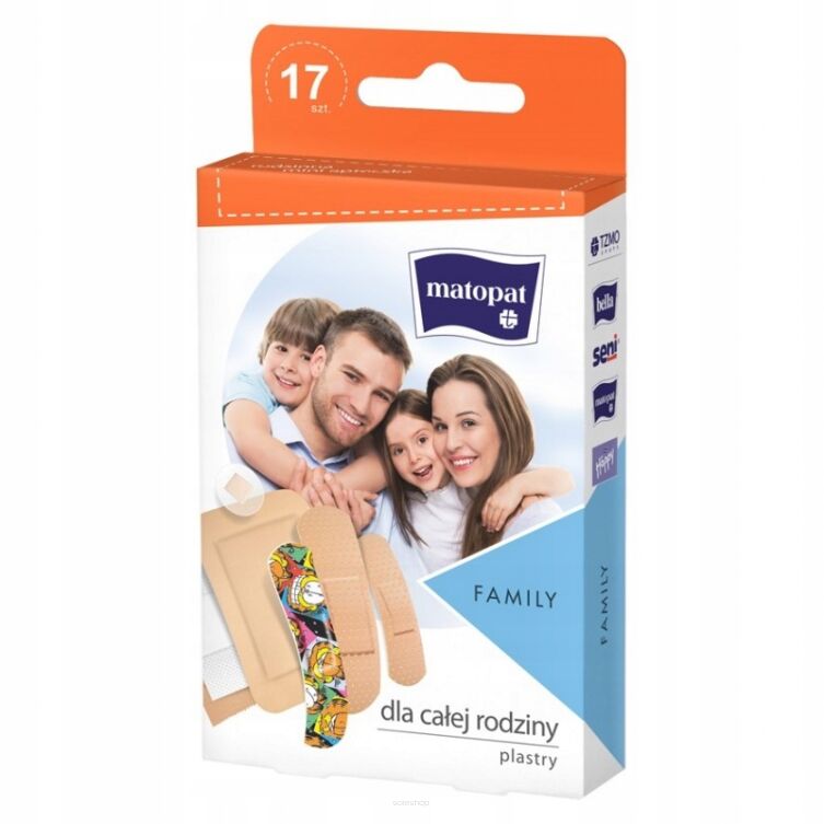 ZESTAW KOMPLET PLASTRÓW PRZYLEPCÓW Z OPATRUNKIEM FAMILY 17 SZTUK W KARTONIE