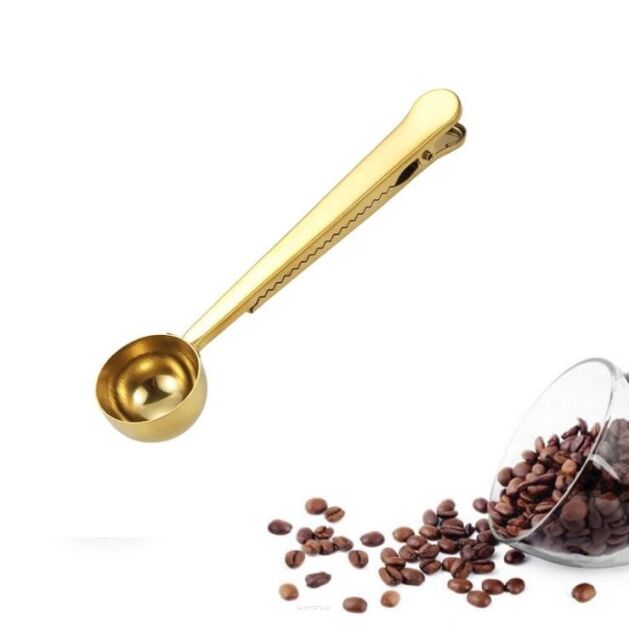 KLIPS METALOWY DO OPAKOWAŃ ZŁOTY 17,5CM Z MIARKĄ 18ML SPINACZ DO KAWY HERBATY PRZYPRAW PŁATKÓW ZBOŻOWYCH