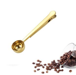 KLIPS METALOWY DO OPAKOWAŃ ZŁOTY 17,5CM Z MIARKĄ 18ML SPINACZ DO KAWY HERBATY PRZYPRAW PŁATKÓW ZBOŻOWYCH