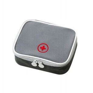 SZARA MINI MAŁA APTECZKA TURYSTYCZNA SASZETKA NA LEKI OPATRUNKI DOMOWA PODRĘCZNA DO TOREBKI PLECAKA