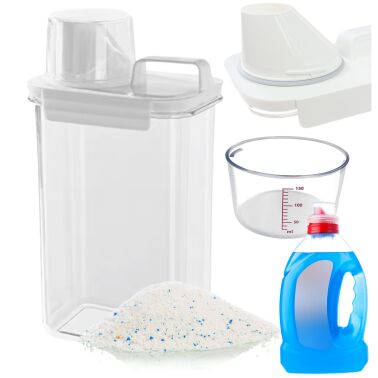 ZAMYKANY POJEMNIK ORGANIZER ŁAZIENKOWY PUDEŁKO NA PROSZEK DO PRANIA PŁYN DO PŁUKANIA NA DETERGENTY KAPSUŁKI Z MIARKĄ DOZOWNIKIEM 2300ml 2,3L