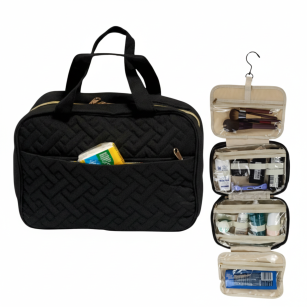 CZARNA KOSMETYCZKA ROZKŁADANA ORGANIZER NA KOSMETYKI DUŻA DAMSKA PODRÓŻNA DO SAMOLOTU WISZĄCA Z HACZYKIEM