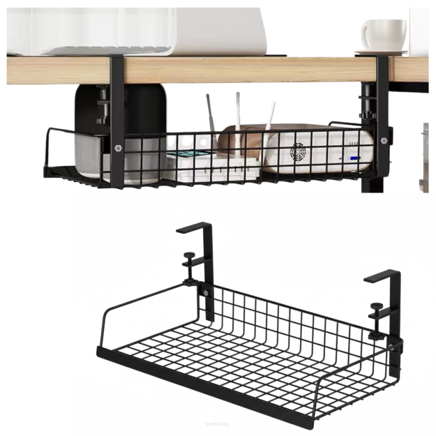 CZARNY ORGANIZER NA KABLE PÓŁKA POD BLAT BIURKO MASKOWNICA UCHWYT WIESZAK METALOWY