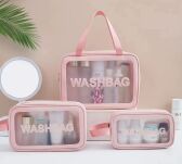 RÓŻOWA KOSMETYCZKA TURYSTYCZNA PODRÓŻNA PRZEŹROCZYSTA WODOODPORNA ORGANIZER NA KOSMETYKI ZESTAW 3SZT - 3