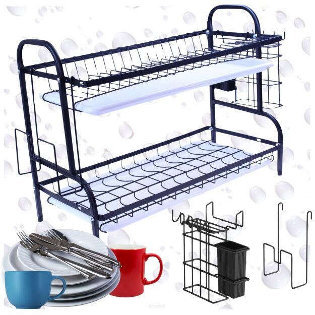 OCIEKACZ SUSZARKA DO NACZYŃ METALOWA DWUPOZIOMOWA NA NACZYNIA TALERZE SZTUĆCE STOJĄCA CZARNA DUŻA XL