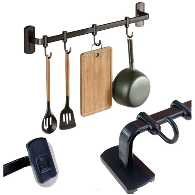 26CM RELING KUCHENNY ŁAZIENKOWY UCHWYT ŚCIENNY HACZYKI NA PRZYBORY LOFT WIESZAK Z HACZYKAMI CZARNY