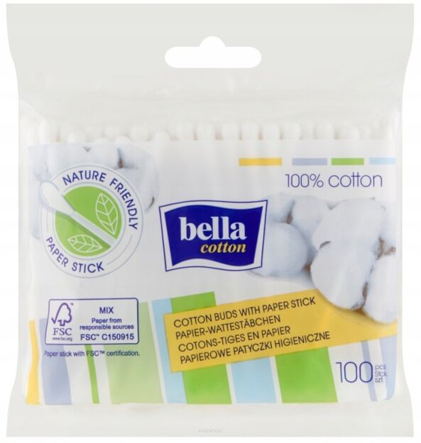 PATYCZKI HIGIENICZNE KOSMETYCZNE DO USZU MAKIJAŻU CZYSZCZENIA BAWEŁNIANE BELLA COTTON 100SZT