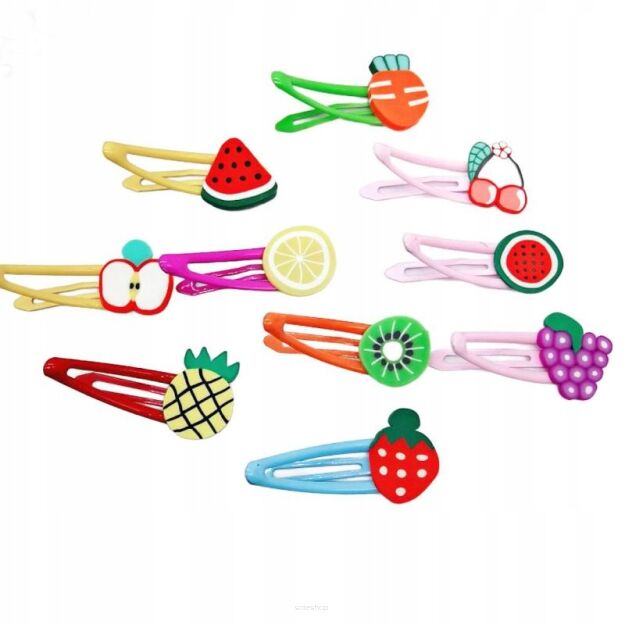 SPINKI OZDOBY WSUWKI DO WŁOSÓW DLA DZIEWCZYNKI OZDOBNE METALOWE KOLOROWE ZESTAW KOMPLET 10 SZT OWOCE