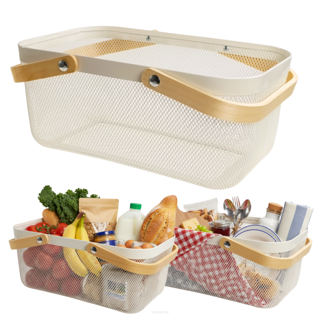 KOSZ NA ZAKUPY KOSZYK NA OWOCE WARZYWA GRZYBY ZABAWKI METALOWY POJEMNY DUŻY AŻUROWY Z SIATKI BIAŁY ORGANIZER DO SPIŻARNI