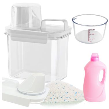 ZAMYKANY POJEMNIK ORGANIZER ŁAZIENKOWY PUDEŁKO NA PROSZEK DO PRANIA PŁYN DO PŁUKANIA NA DETERGENTY KAPSUŁKI Z MIARKĄ DOZOWNIKIEM 1100ml 1,1L